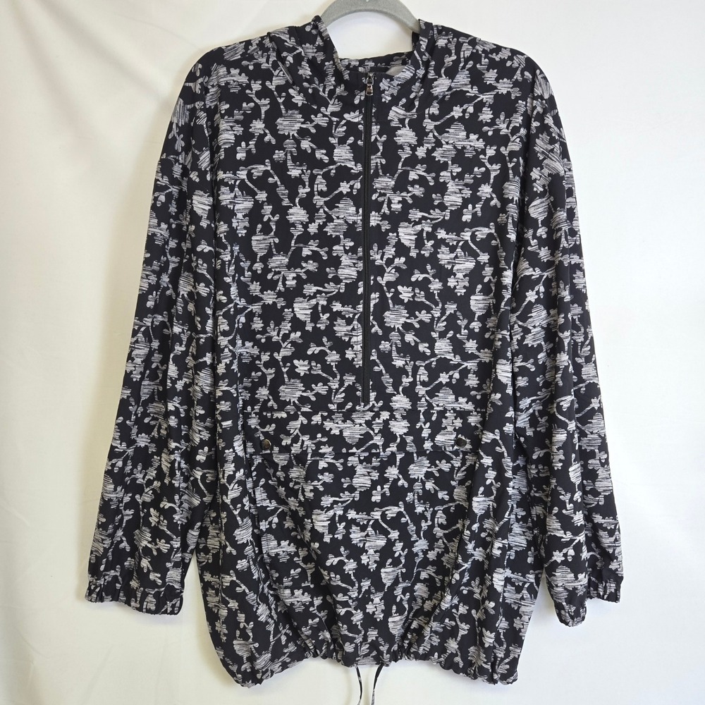 J. Jill Fit On The Go Hooded Windbreaker Jacket Black White Floral Half‎ Zip XL